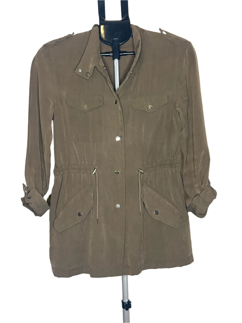 Zara Women’s S Olive Green Utility Cargo Jacket Drawstring Military Anorak